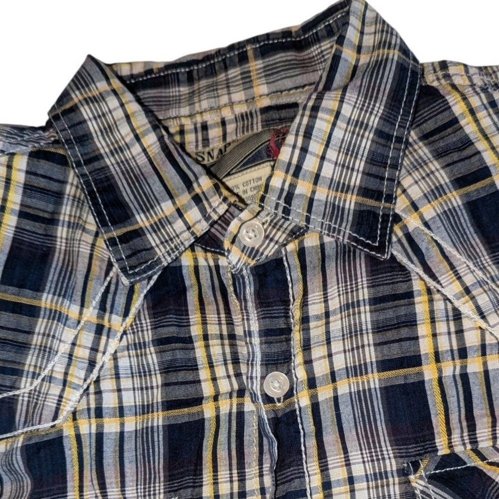 Vintage Red Snap Womens Plaid Western Shirt Navy Yellow Long Sleeve Cotton M